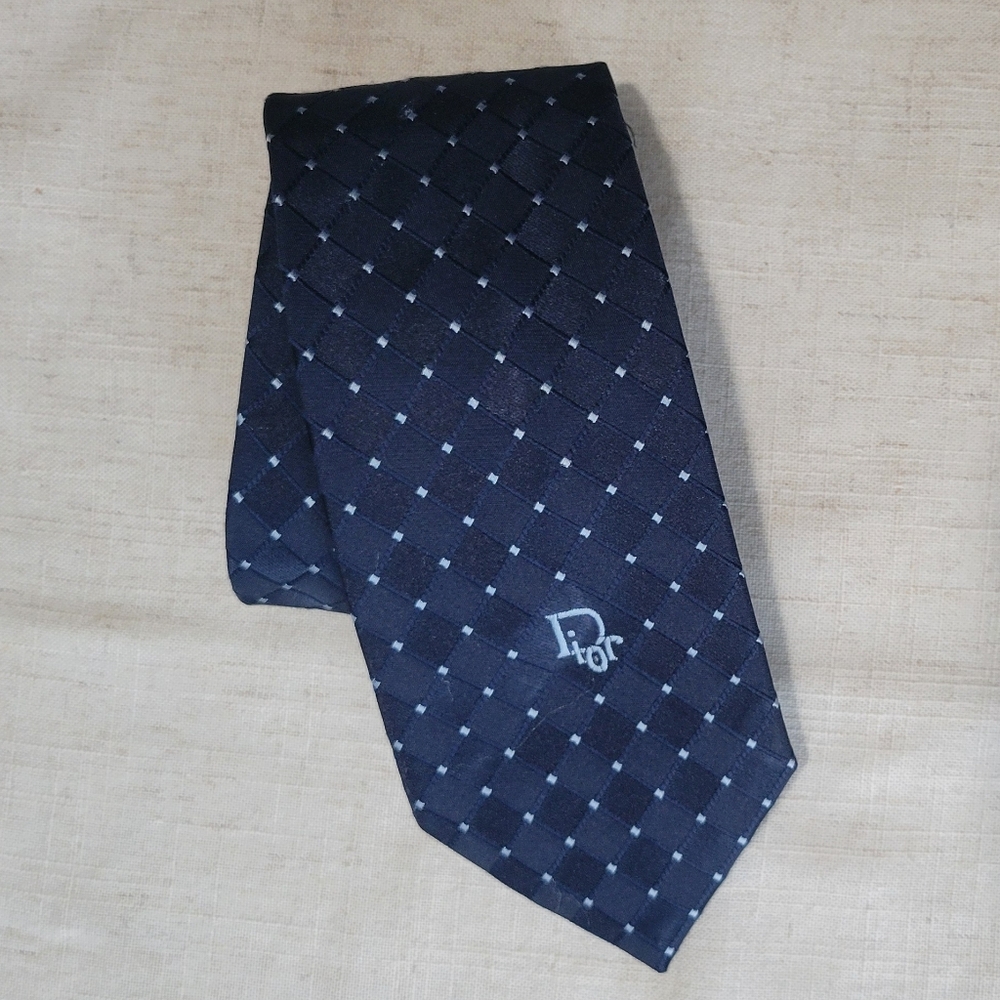 Christian Dior Cravates Monogram Tie Navy Blue Vintage Dots Fredericks & Nelson